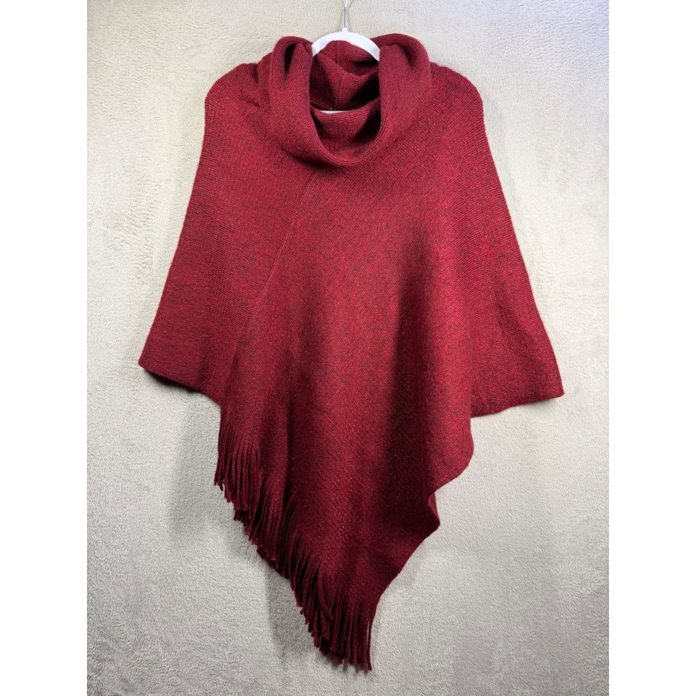 Chico's Fringe Poncho Women One Size Burgundy Cowl Neck Shimmer Cabincore Wrap